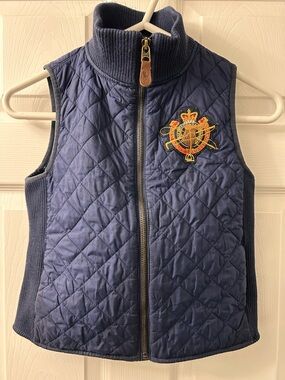 Ralph Lauren Girls Quilted Equestrian Vest Navy Crest Patch Size L 12-14